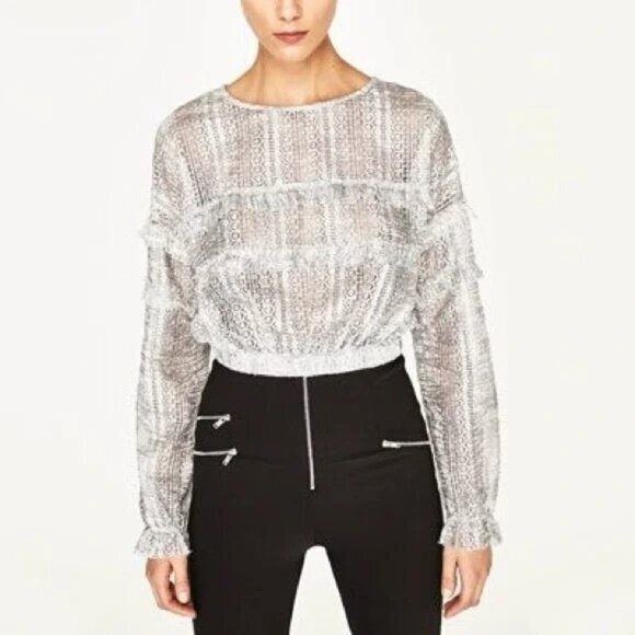 "NWT" Zara Ruffle Lace Crop Top White/Silver- Women's Medium - Picture 1 of 12